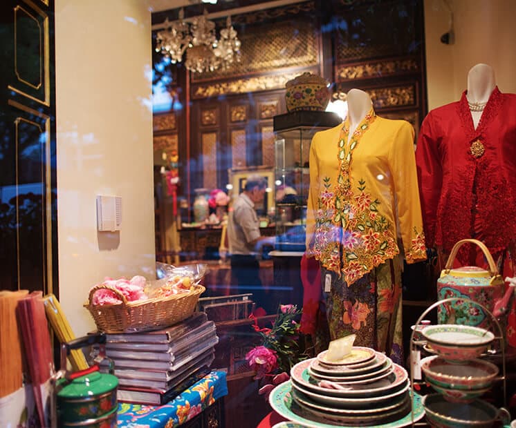 Shops with colourful products at Katong Joo Chiat Neighbourhood